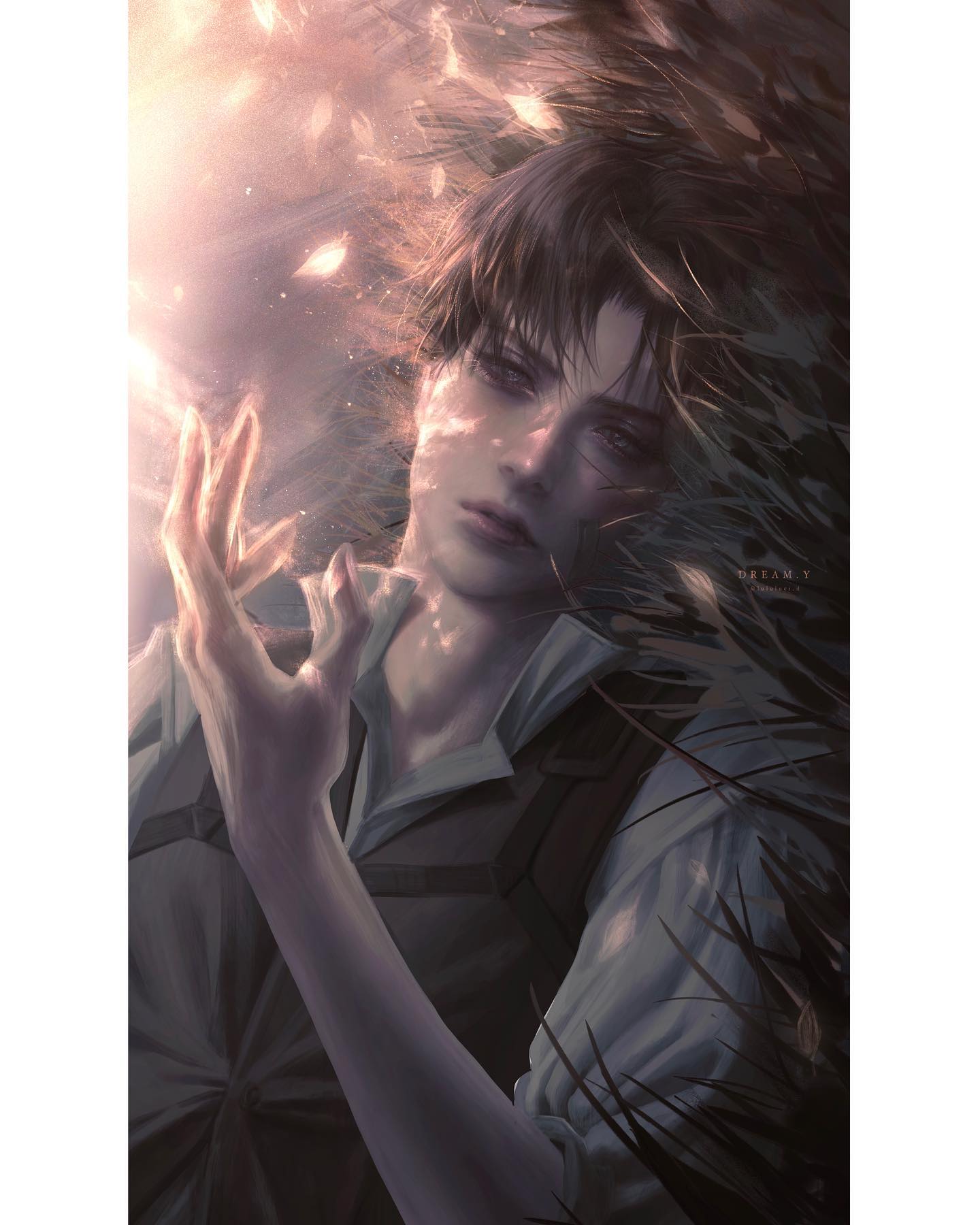 this is a digital art illustration of a young man with brown hair and blue eyes, dressed in a white shirt and vest. he is standing in a forest, with light shining around him, and a look of determination on his face. the art style is soft and ethereal, with a dreamy atmosphere. the character is likely from an anime series or manga, given the appearance and stylized design.