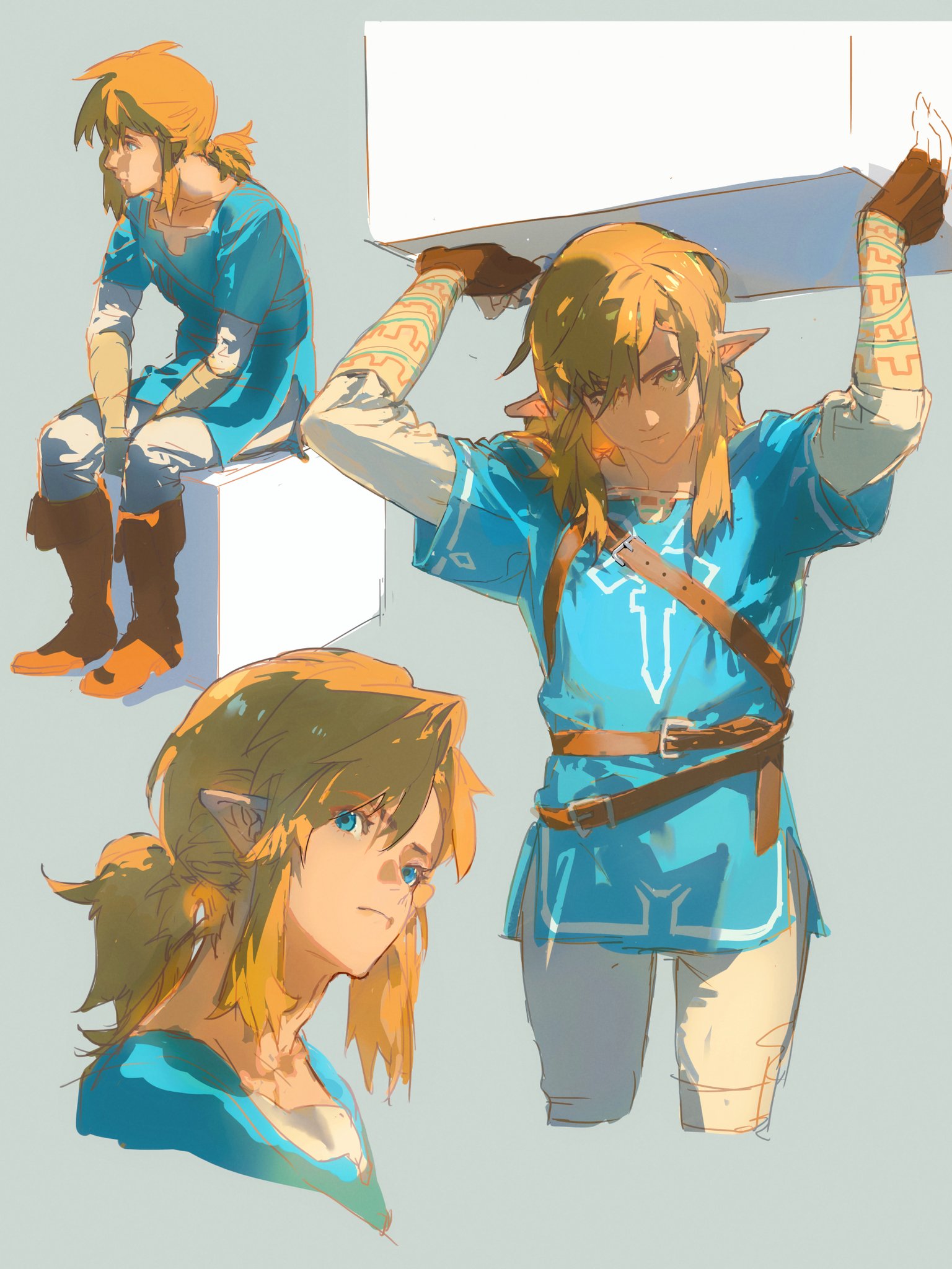 the image is a digital illustration featuring three different poses of link, a character from the legend of zelda video game series.  each depiction shows him in his recognizable blue and green tunic, with blonde hair and pointed ears.  the pose on the left shows link seated with a thoughtful expression, while the middle image shows him carrying a large object overhead, muscles straining.  the final image on the right shows only link's head and shoulders, with a serious expression.  the artwork features an anime and manga style, with vibrant colors and dynamic poses.