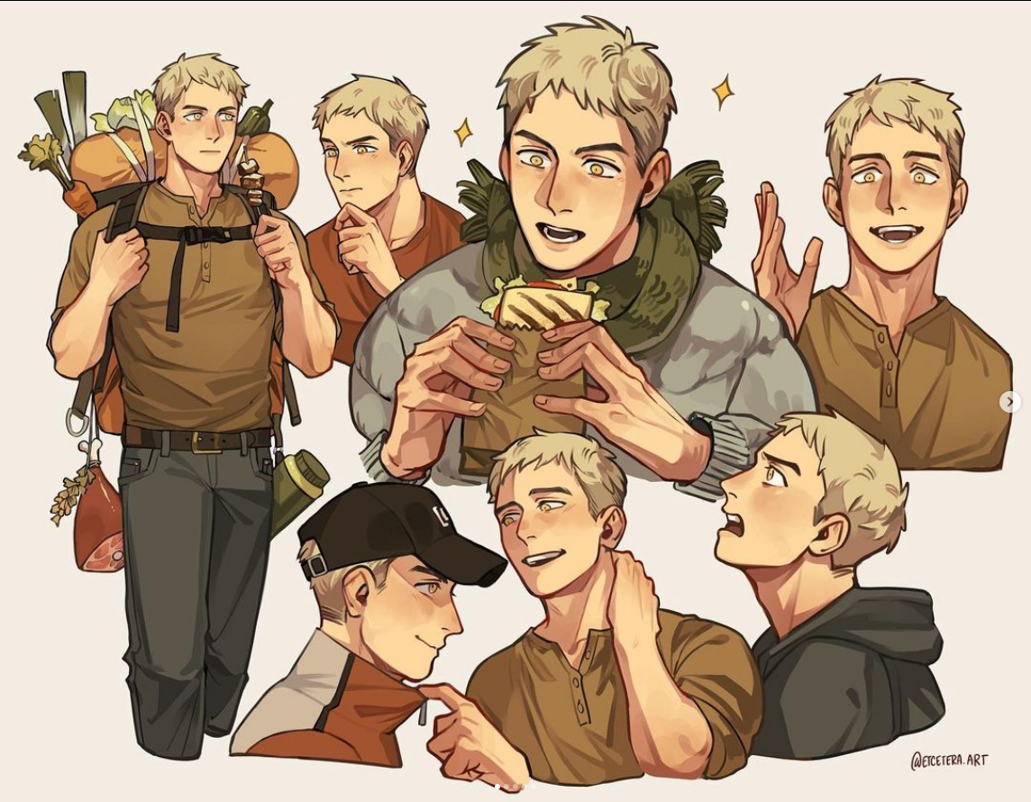 the image presents a stylized portrait of a young man, drawn in an anime/manga style, potentially fanart. the image is a compilation of smaller drawings, each focusing on a different angle or expression. the character is depicted with short, spiky blonde hair and distinctive eyebrows. he is shown in various casual outfits, including one with a backpack filled with groceries and another with a baseball cap. in several of the drawings, he is holding food, including a sandwich and a ham. the overall mood is lighthearted and positive, with a focus on the character's charm and expressiveness. the color palette is warm and inviting, using earth tones and soft lighting to create a sense of comfort and familiarity.