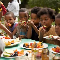 a heartwarming scene of several young boys gathered around a table outdoors, happily enjoying a meal together. the table is laden with plates of colorful and appetizing food. the boys are all engaged in eating, their expressions reflecting contentment and enjoyment. the overall atmosphere is one of camaraderie and shared pleasure.