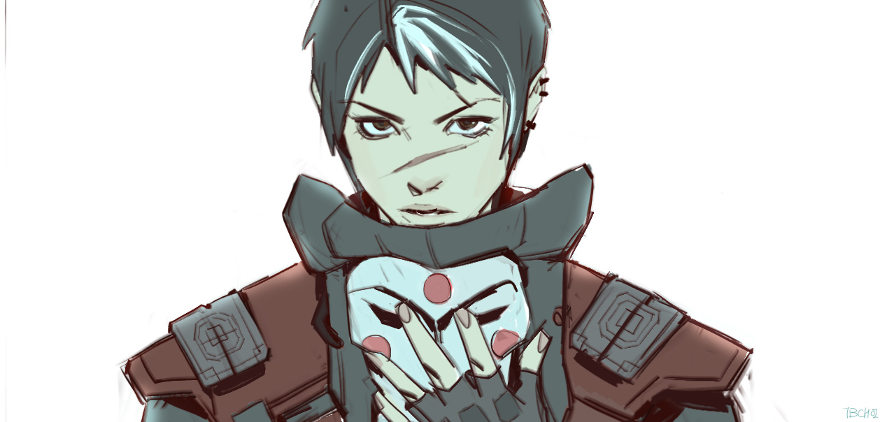 a digital painting of a female animestyle character. she has short, dark hair with a streak of lighter hair. she's wearing a dark colored, futuristic outfit and holding a mask to her face.  the style is somewhat sketchy and painterly, with visible brushstrokes.  her expression is serious and intense. the background is plain white, making the character the clear focal point.  the overall vibe is cyberpunkesque.