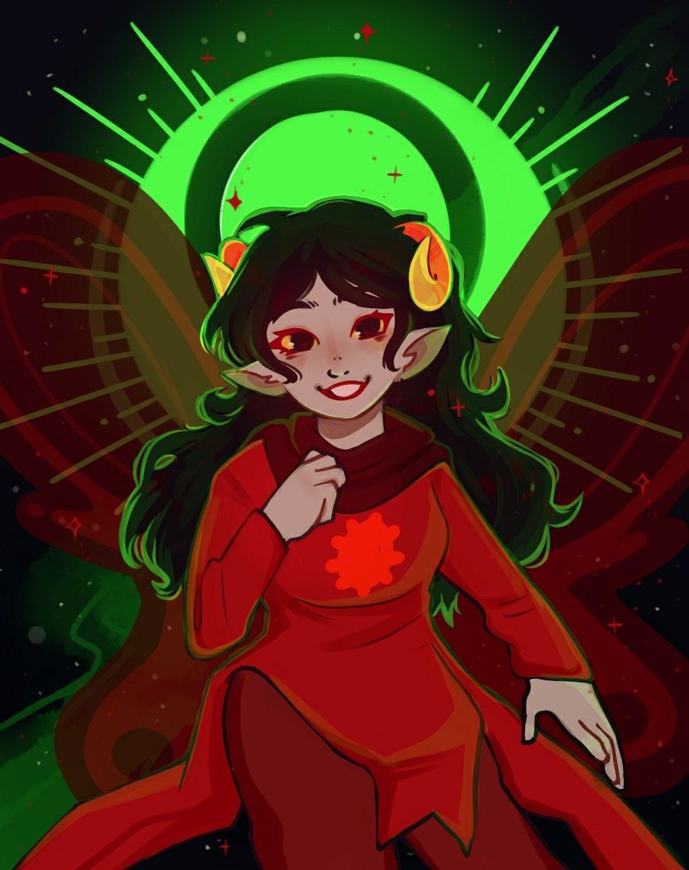 a digital drawing of terezi pyrope from homestuck. she has dark hair, golden horns, red eyes, and pointed ears. she is wearing a red dress with a red symbol on the chest and has fairy wings. behind her is a glowing green halo and a dark, starry background. she is smiling.