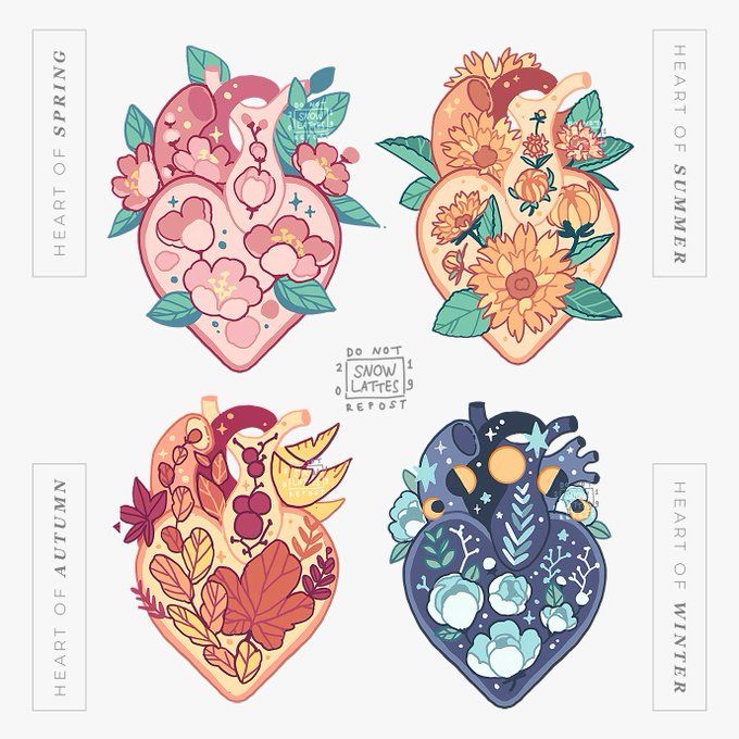 the image shows four illustrations of human hearts decorated with elements representing the four seasons. each heart is surrounded by seasonal flowers and foliage. the first heart, labeled "heart of spring," is adorned with pink flowers and green leaves. the second, "heart of summer," features sunflowers and other summer blooms in warm oranges and yellows. the third, "heart of autumn," is decorated with autumnal leaves in shades of red, orange, and yellow. the final heart, "heart of winter," displays winter flowers and celestial motifs in blue and white, like stars and crescent moons. the image also includes a message "do not repost" and the artist's name "snowlattes19."