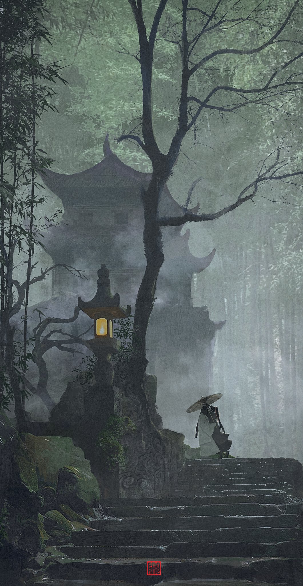 a woman wearing traditional clothing and a hat walks towards a pagoda partially concealed by mist in a bamboo forest. the scene evokes a sense of mystery and tranquility.