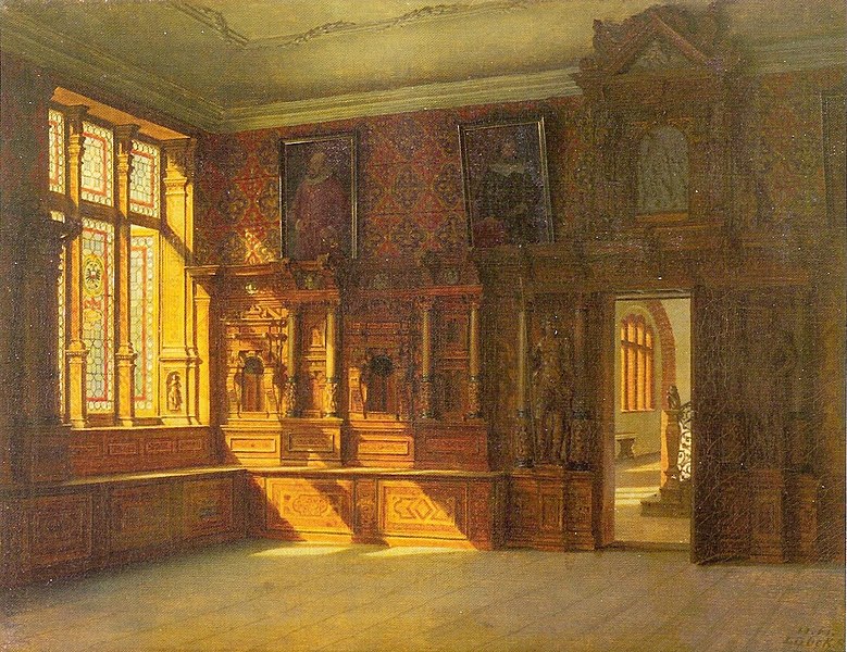 the image shows an interior of a room with a large window on the left side, letting in bright sunlight. the window is divided into multiple panes and appears to have stained glass details. along the walls are wooden panels and cabinets, some adorned with sculptures. two framed portraits hang on the wall between the window and a doorway on the right. the doorway leads to another room with a similar architectural style. the floor is wooden, and the overall atmosphere is one of historical grandeur.