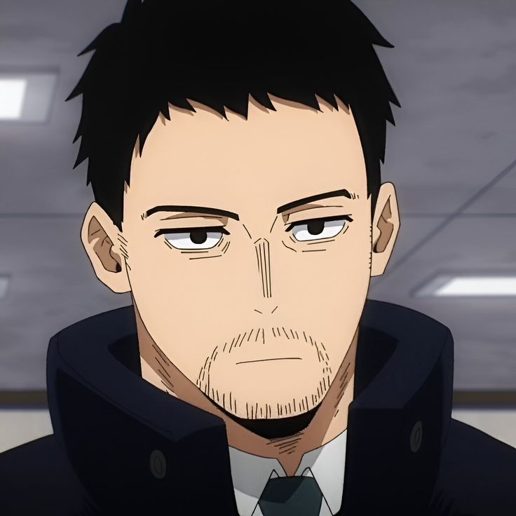 a closeup portrait of an adult male anime character with short black hair, tired eyes, and a goatee. he is wearing a dark blue collared shirt with a black jacket and appears to be inside a building.