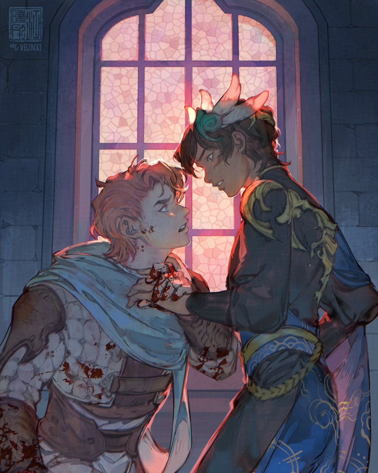 the image is a digital painting depicting two men in a dramatic, emotionally charged scene. one man, with light pink hair and a light blue robe stained with blood, appears injured, clutching at his neck. his expression is one of pain and perhaps shock.  he's being held by another man who is dressed in darker, more elaborate clothing. this second figure has darker hair and a crownlike adornment on his head. his gaze is intense and fixed on the injured man. the setting is a gothicstyle room, featuring a large stainedglass window that displays a sunsetlike hue, casting a dramatic light on the scene. the overall atmosphere is dark, intense, and suggests a moment of betrayal, possible death, or a profound emotional conflict. the style is reminiscent of fantasy art or fanart, showcasing detailed clothing and dramatic composition.