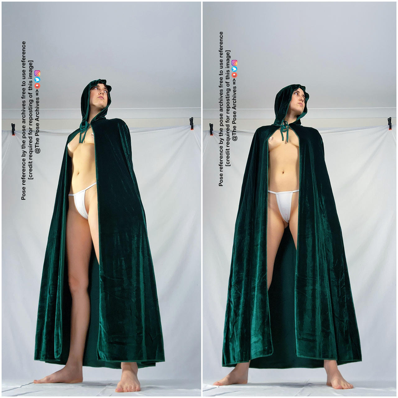 a woman stands against a white backdrop, her feet bare and her body angled slightly towards the camera's left. she wears only a white fundoshi and a long, deep green velvet cloak with a hood pulled up over her head. the hood is secured at her neck by two green cords with tassels. she holds her head high and her gaze is direct, projecting an air of confidence and strength.  the image is a diptych, with the same pose repeated twice sidebyside, likely showcasing a slight variation in posture for artistic reference.