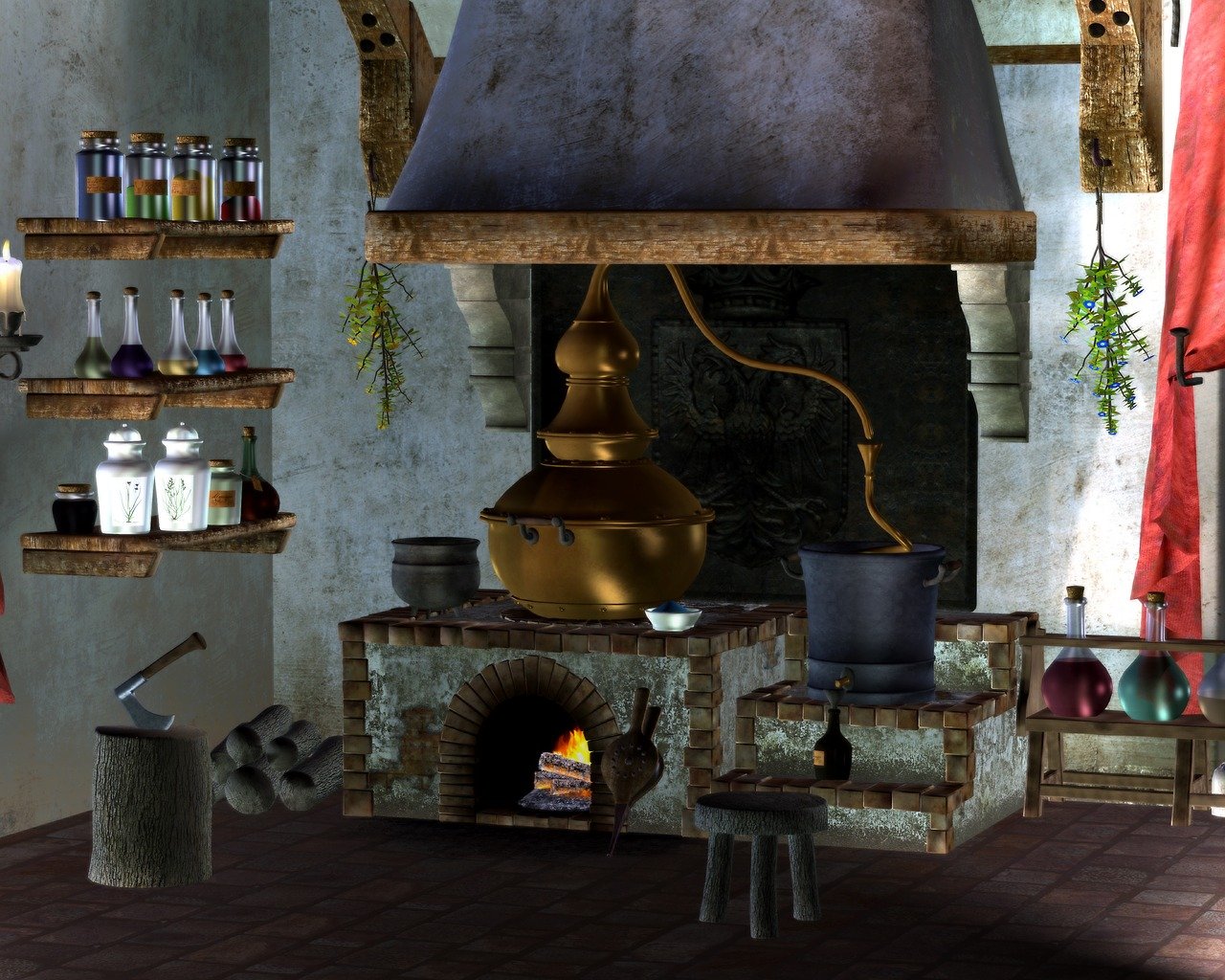 an image of an alchemist's lab with shelves of jars and potions on the left wall. in the center is a furnace with a fire burning inside, topped by a still and cauldron. various other items are scattered around, including an axe, wood, and a stool.