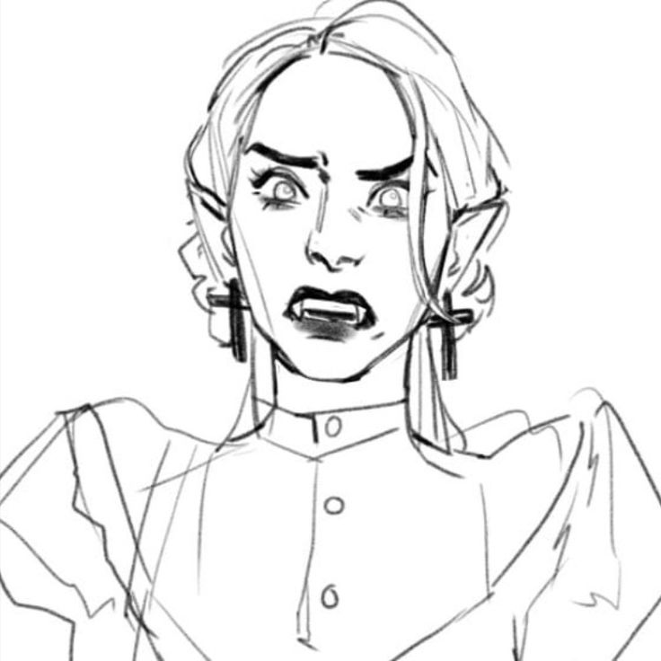 a black and white sketch of a woman's face. she appears angry or furious, her mouth open in a snarl revealing sharp fangs.  she has pointed ears suggesting she might be a vampire.  she wears her long hair down and has crossshaped earrings. her clothing is simple, a collared dress with ruffled shoulders.  the style is loose and expressive, characteristic of a quick sketch or concept art.