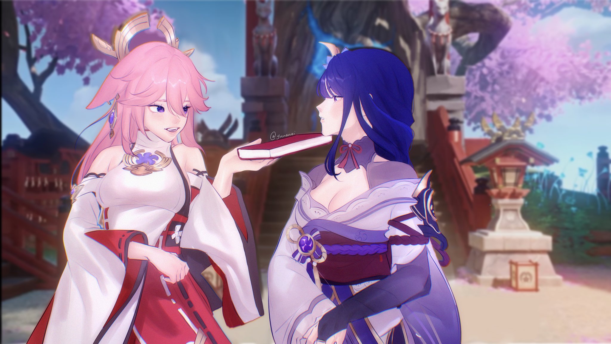 the image is a digital illustration of two anime girls, one with pink hair and one with blue hair, in traditional japanese kimonos. the pinkhaired girl is holding out a red book to the bluehaired girl. both girls are smiling and have a friendly expression. the image is set in a japaneseinspired garden with cherry blossoms and a small shrine.