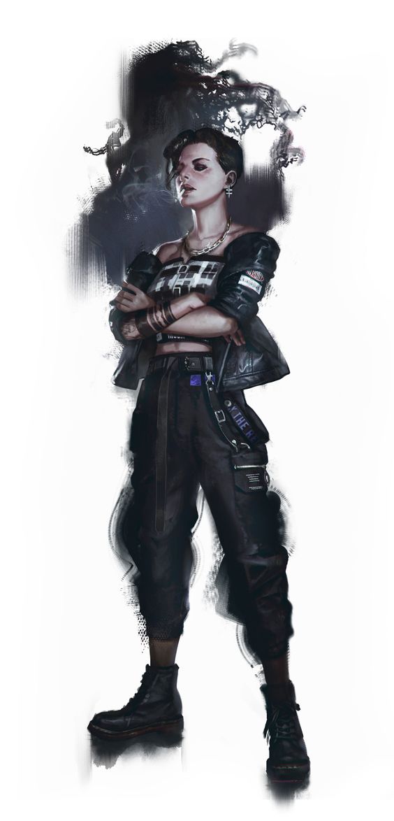 the image showcases a young woman with a rebellious cyberpunk aesthetic. she stands confidently against a white background, her arms crossed and a cigarette loosely held in her hand. she sports a black crop top, a distressed leather jacket, and baggy cargo pants secured with multiple straps. her short, dark hair is partially obscured by a plume of stylized smoke, further emphasizing her edgy persona. the illustration features soft, dramatic lighting and a slightly low angle, adding to the character's imposing presence.