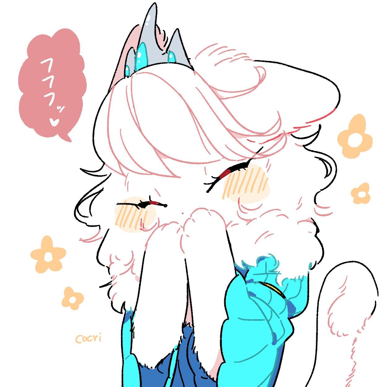 the image is a cartoon drawing of an animestyle catlike character with white hair and closed eyes. the character wears a crown and has blush marks on its cheeks. it is wearing blue clothing. there are yellow flower graphics around the character and a pink text bubble with japanese text to the left.