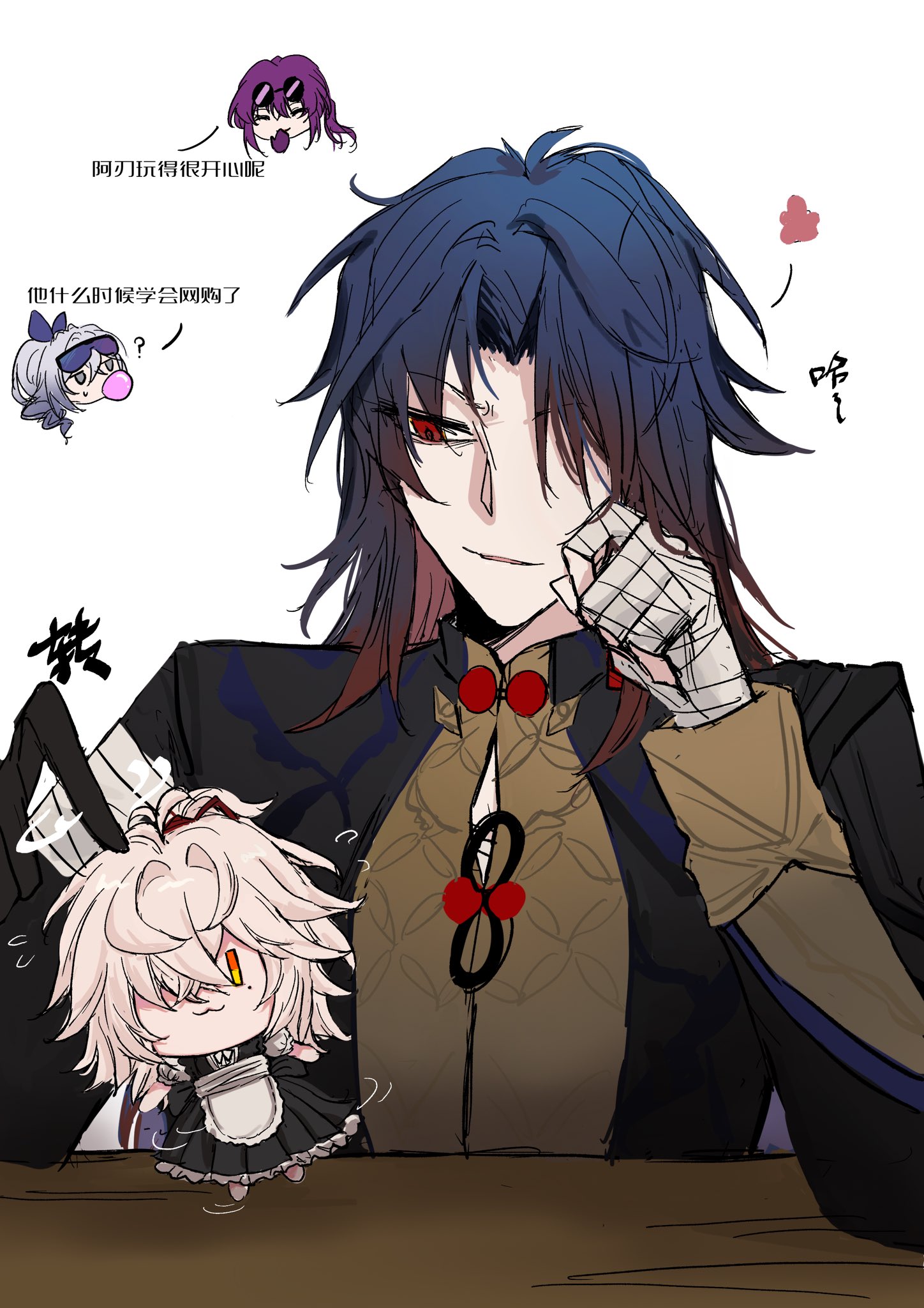 this is a digital illustration of three animestyle characters. one of them is a boy with black hair and red eyes wearing a black and gold outfit. he is sitting at a table, holding his hand to his face. he is looking off to the side, and he seems to be blushing. beside him is a girl with white hair, wearing a maid outfit. she is holding a teddy bear in her hand. both of these characters are in the foreground of the image. in the background, there is a girl with purple hair, wearing a black dress, and her mouth is covered with a bubble. she is looking at the boy and seems surprised or amused. all the characters are in a comicstyle illustration, and they are surrounded by speech bubbles with text written in japanese. the overall vibe of the image is playful and fun.