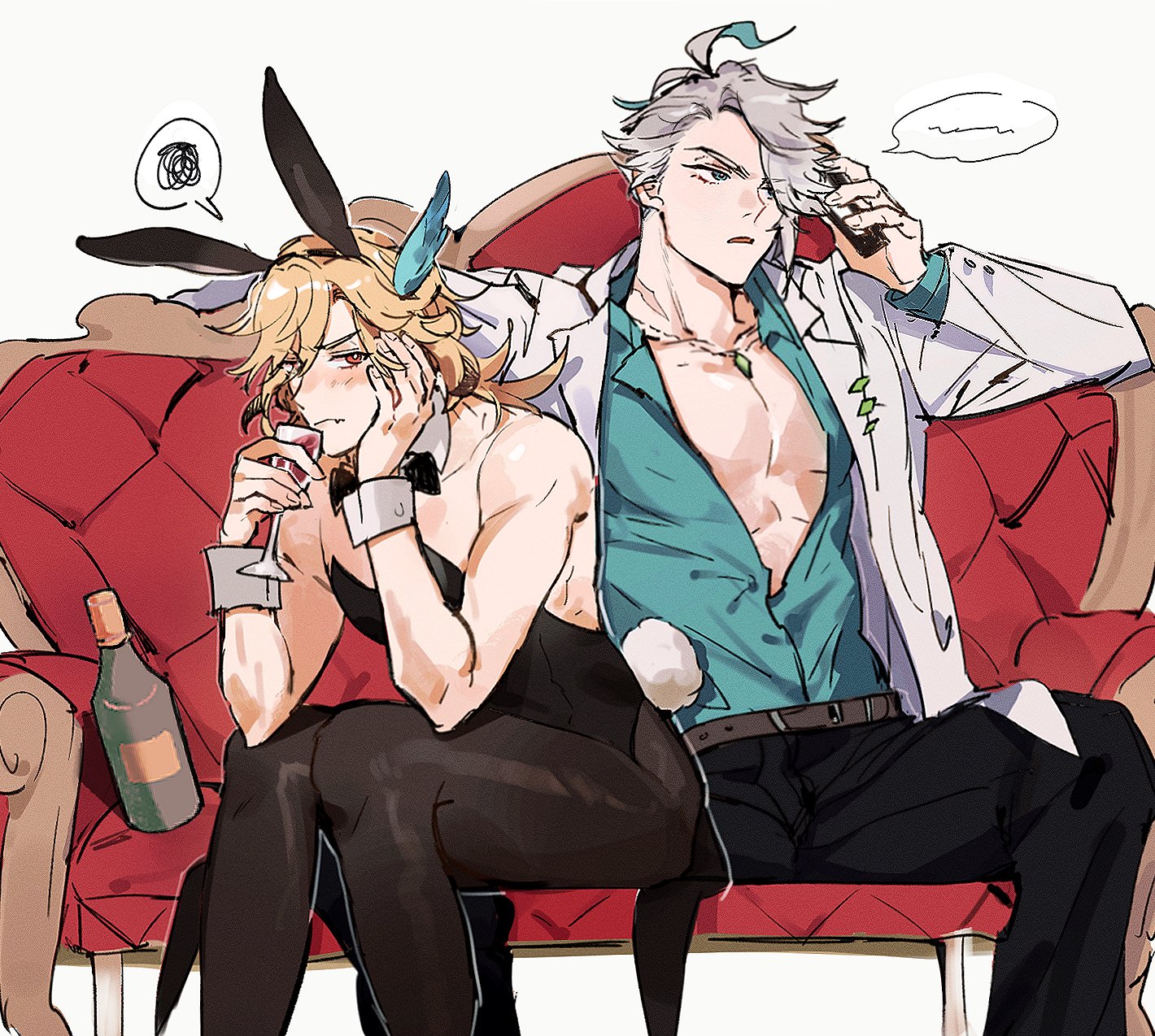 two anime men are sitting on a red couch. one man is wearing a white shirt and black pants and the other is wearing a black bunny suit. the man wearing the bunny suit is drinking wine from a glass. they both appear to be in a relaxed casual setting.