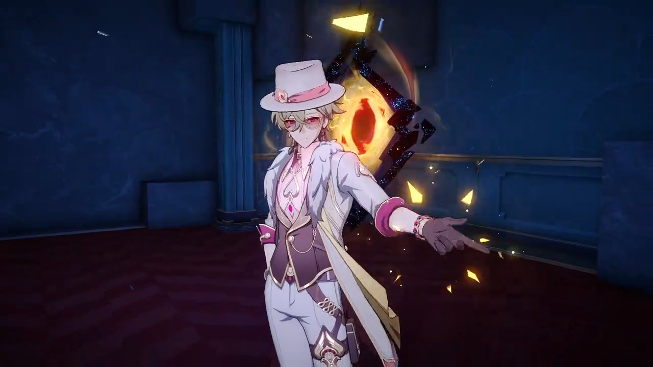 a male anime character from the video game genshin impact, he is wearing a white suit with a black jacket, a red tie and a white hat with a red band. he is also wearing glasses, rings, a bracelet, and gloves. he is holding a sword and is surrounded by sparkles. the character is standing in a dark room with a glowing portal in the background. he is looking towards the camera and is ready for a fight.
