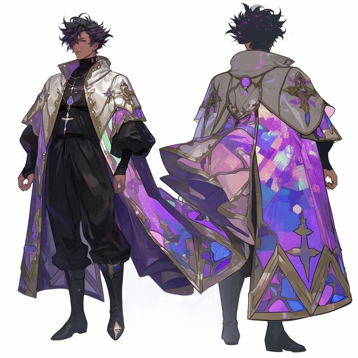 this is a digital illustration of a male anime character in a fantasy setting. he is wearing a long white and gold robe with a purple and gold cape, and his outfit is inspired by stained glass windows. the character has short black hair, a white shirt, and black pants and boots. the character is holding a jewel in his left hand. the image is in a digital art style.