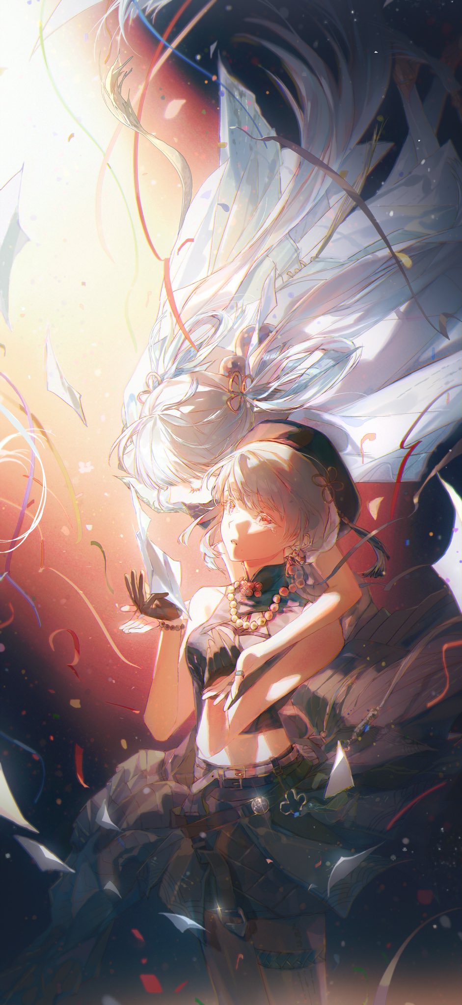 two anime girls with long flowing blonde and white hair are floating in the air surrounded by colorful ribbons and confetti. they are holding each other close, smiling brightly, and looking at each other lovingly. the colors are vibrant and the image has a whimsical and magical feel.
