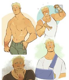 there are four sketches of the same blond muscular man on a white background. he is shown in casual clothing, in one image he has a cast on his arm.