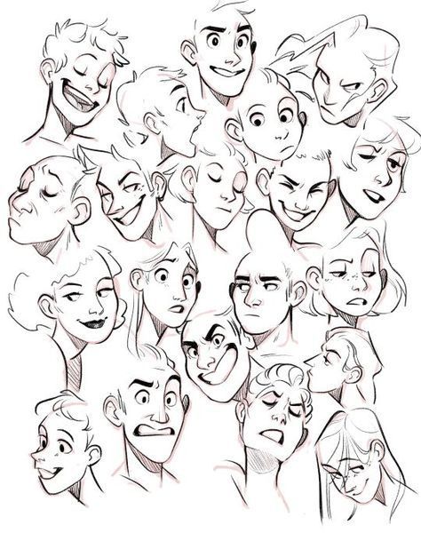 the image is a black and white sketch of various human faces, each displaying a different emotion and drawn from slightly different perspectives.  it appears to be a practice sheet for an artist exploring different expressions and character design.