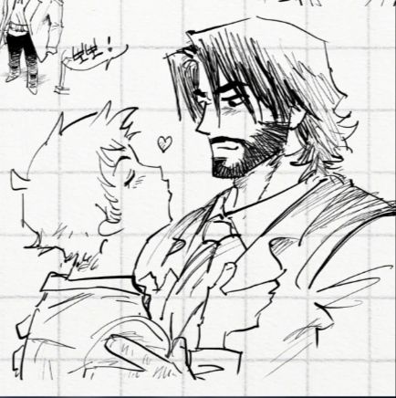 the image is a black and white sketch or doodle, possibly fanart, depicting a romantic scene between two male characters. one character is taller with longer hair and a beard, dressed in what seems like a suit or jacket.  the other is shorter, with shorter hair. they are drawn in an embrace, close together, with a small heart symbol between them suggesting affection or love.  the style is reminiscent of anime or manga, with expressive lines and features. the background features faint grid lines, indicating it was drawn on grid paper. there is also a small, unrelated sketch of a figure in a coat in the top left corner.  the overall mood is affectionate and intimate.