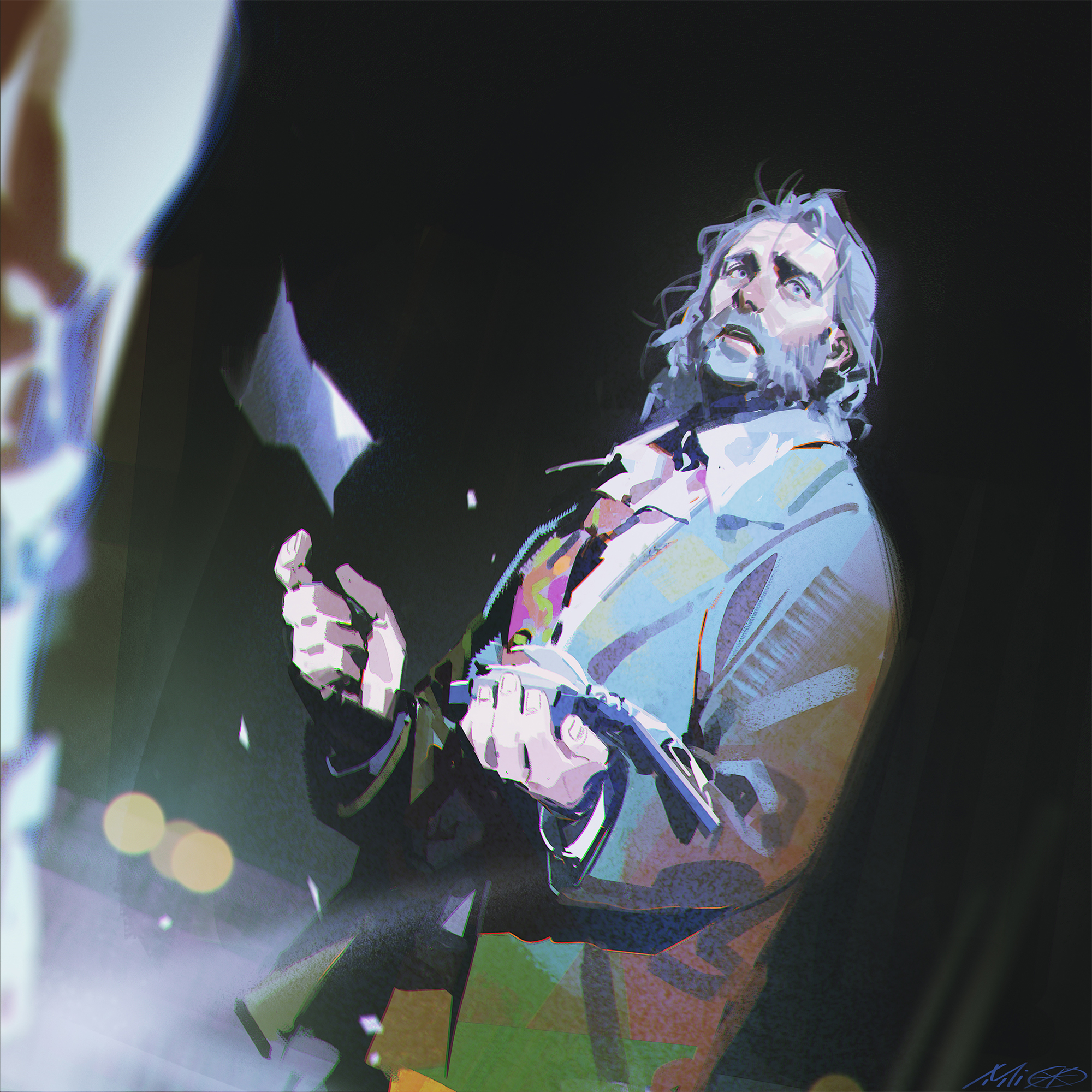 a closeup portrait of a man singing on stage. he is wearing a blue suit and has a white beard and white hair. the background is dark and blurry with stage lights. he is holding a microphone.