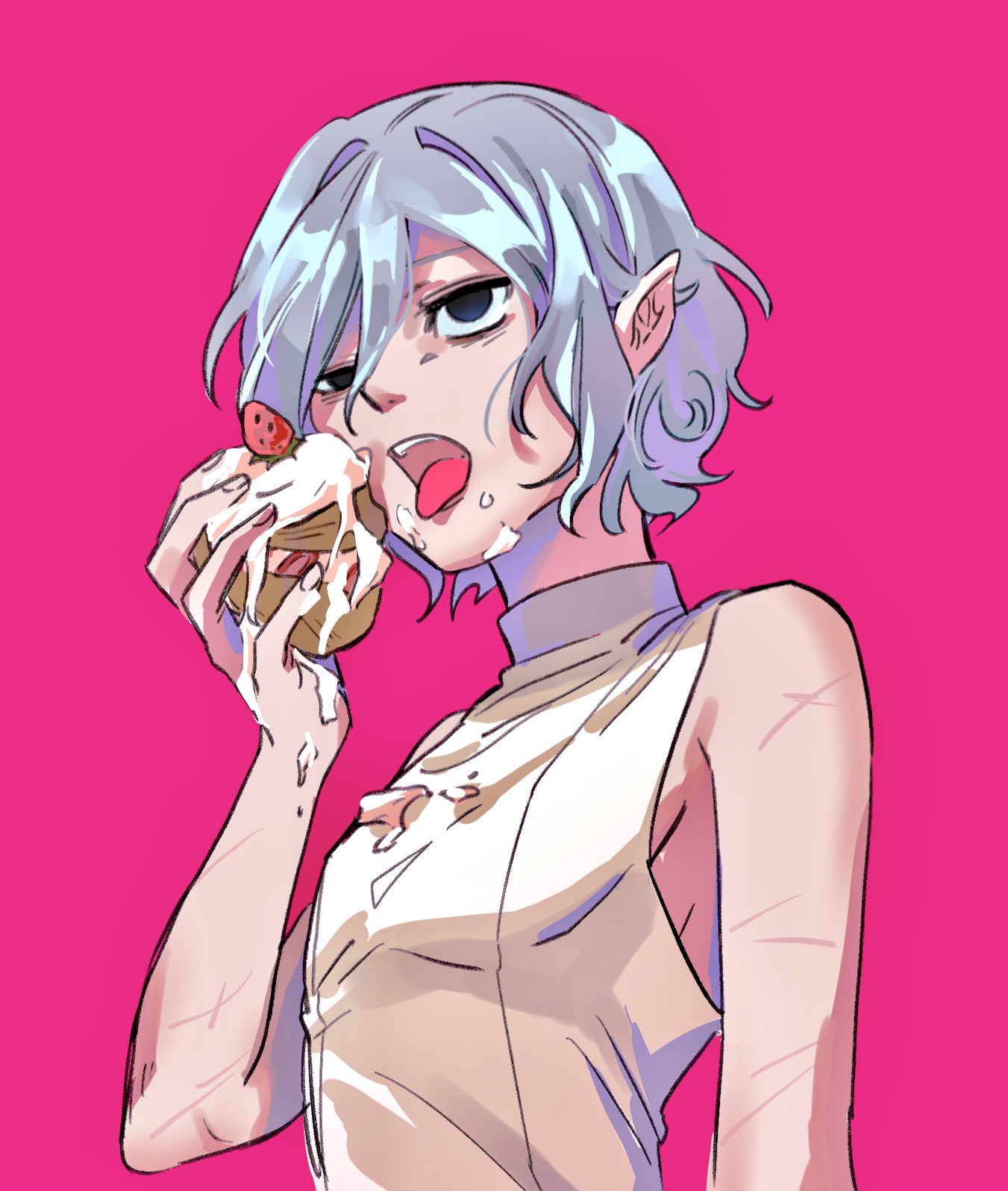 the image is a digital drawing or painting in an anime style. it depicts a young female character with short, light blue hair and pointed ears, suggestive of an elf. she has pale skin and is wearing a sleeveless, offwhite top.  the character is depicted eating a cupcake with a strawberry on top, with cream visibly smeared on her face and hands.  her expression is suggestive and slightly messy. notably, she has visible scars on her arms. the background is a solid, bright pink. the overall style leans towards a pastel goth aesthetic, with bright contrasting colors and a somewhat suggestive pose.