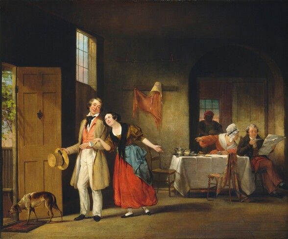 this is a genre painting depicting an interior scene. a man in lightcolored clothing and holding a hat stands in a doorway with a woman in a red and blue dress and yellow top. a dog is near the doorway. in the background, through an archway, is a table set with teacups and a newspaper. a woman in a bonnet points with her finger, while a man reads the newspaper. a servant stands behind them. the scene is lit by natural light from the doorway and a window.