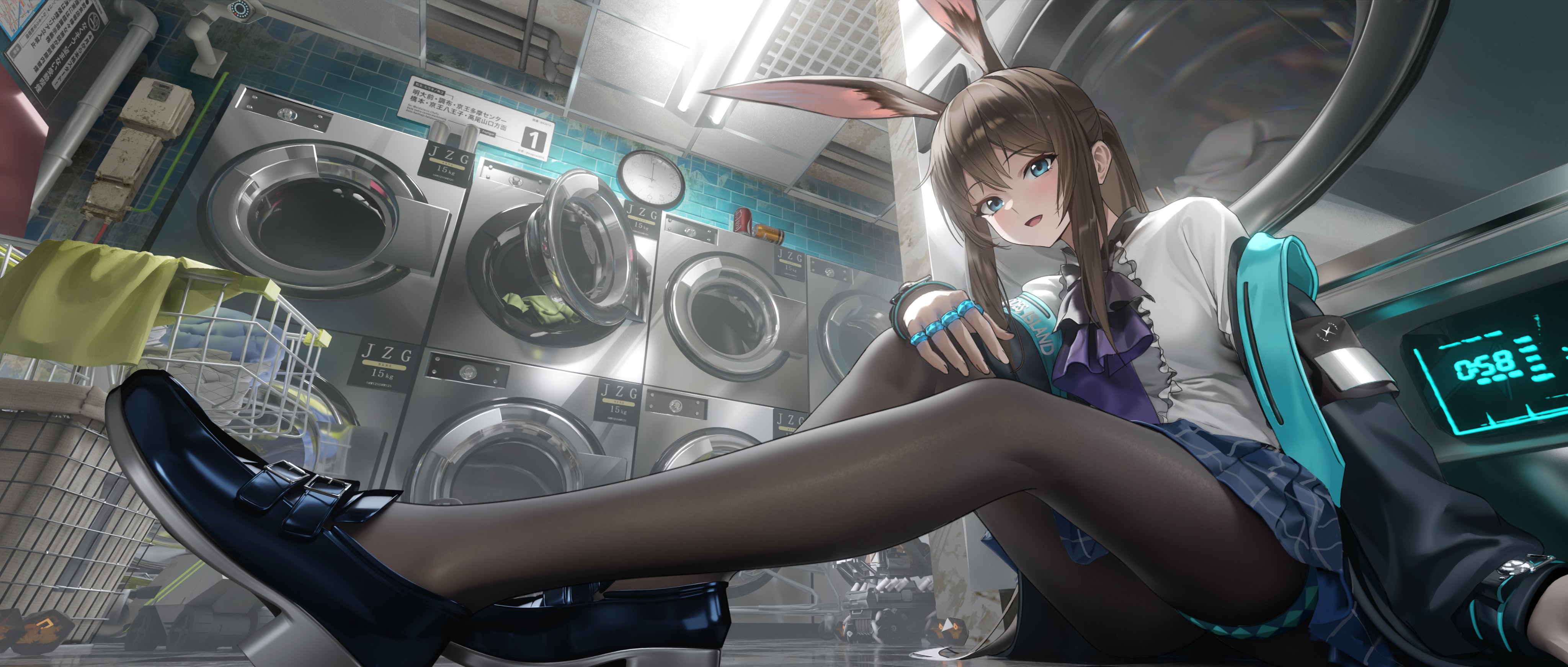 an anime girl with bunny ears is sitting in a laundry room next to a row of washing machines. she is wearing a white shirt, a blue plaid skirt, black pantyhose, and loafers. the washing machines are silver and have a digital display. there is text on the washing machines and on the wall.