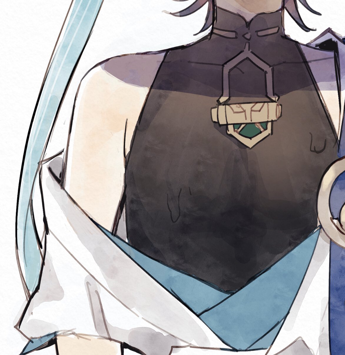 the image is an illustration of an anime character with blue hair and green eyes. she is wearing a black top with a necklace and blue and white clothing. the art style is water color.