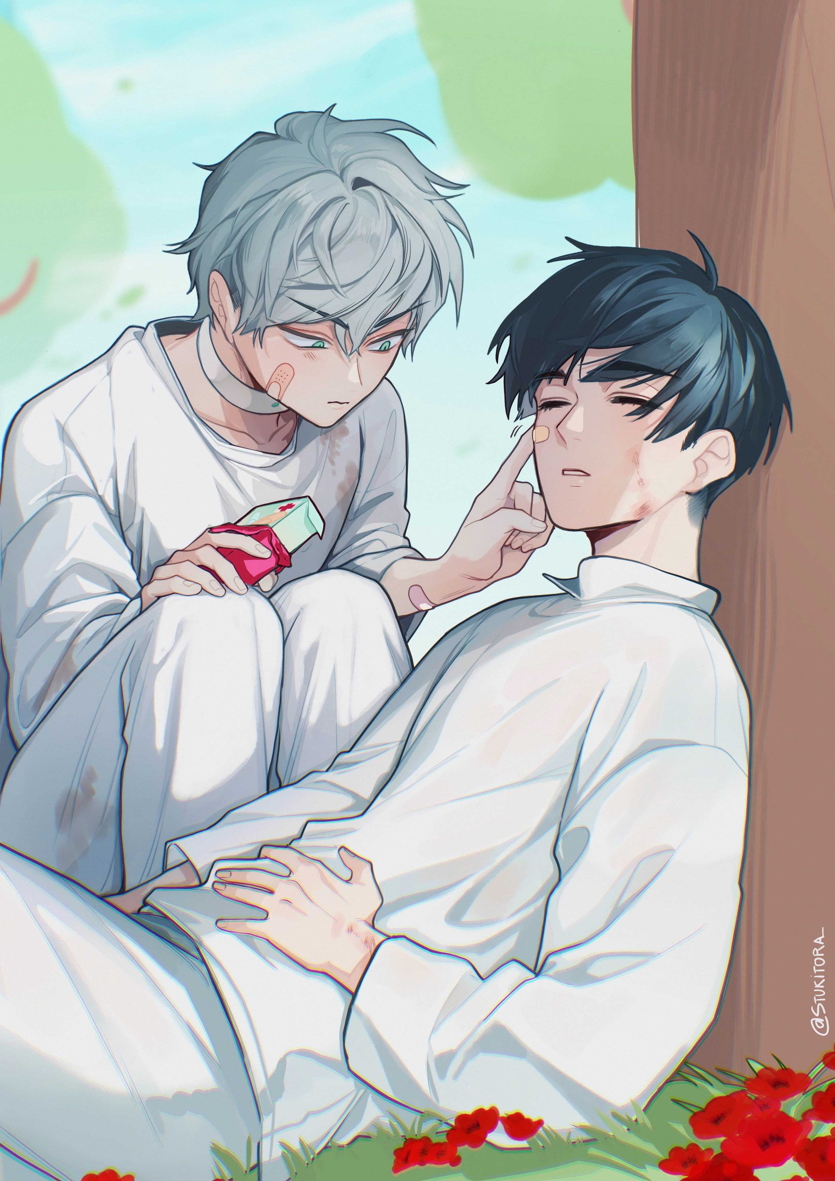 this is an illustration of two anime boys.  the boy on the left is dressed in white with a white shirt. he is looking down at the boy on the right who is laying on the ground.  the boy on the right is also dressed in white with a white shirt. the boy on the left is helping the boy on the right by putting a bandaid on his face.  they are both injured with blood visible. behind them is a tree trunk and green grass with red flowers.