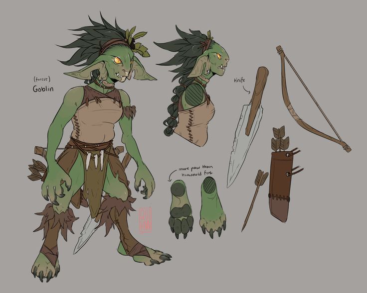 a character design of a greenskinned goblin with large ears, a furry tail, and sharp claws and teeth. the goblin is wearing a brown leather vest and leggings. they are holding a knife in one hand and an arrow in the other. there is also a bow and arrow quiver behind the goblin. the design features a lot of detail, including the goblin's facial features, fur, and claws. the illustration is drawn in a style that is both realistic and whimsical.