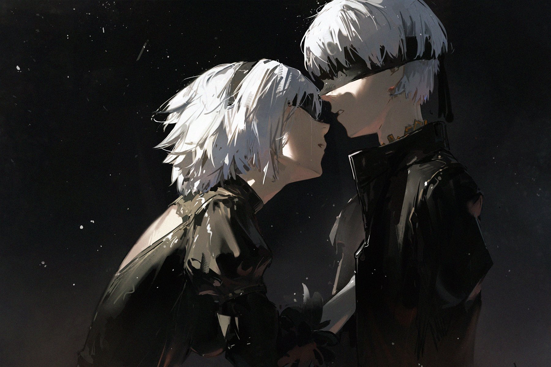 a digitally drawn portrait of an anime couple. the male, on the right, is wearing a black leather jacket and has white hair with a black blindfold over his eyes.