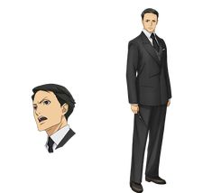 the image features a male anime character wearing a black suit. the character is standing and facing the viewer, with a neutral expression on his face. he has short, dark hair and a serious demeanor. the illustration showcases the character's full body, providing a complete view of his attire and posture. the style of the illustration is typical of anime, with sharp lines and vibrant colors.