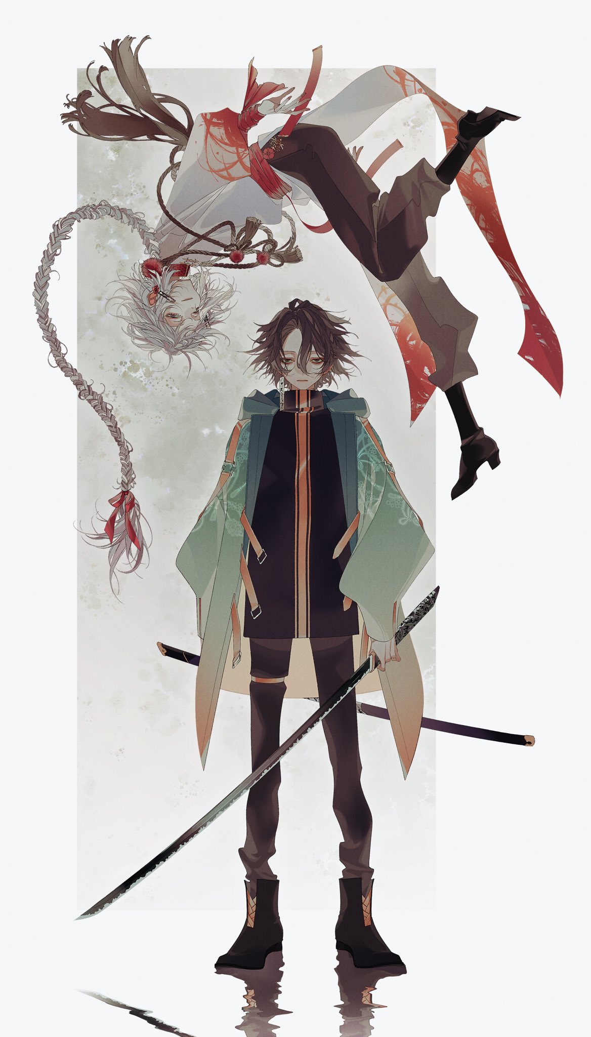 he image showcases a captivating piece of digital art, possibly anime or mangainspired.  the artwork features two characters, one male and one female, depicted in a dynamic and stylish manner. the female character is seen in a graceful, flowing white outfit, seemingly floating or falling, her long braids trailing behind her. in contrast, the male character stands firmly, wielding a katana (japanese sword), dressed in a darker, more practical outfit. his pose is powerful and commanding. the overall aesthetic is elegant and dramatic, accentuated by the atmospheric background and the play of light and shadow. the scene suggests a moment of action or suspense, hinting at a narrative or story beyond the image itself. the art style is detailed and refined, with a focus on character design and movement.  a reflection of the male character is also subtly present at the bottom.