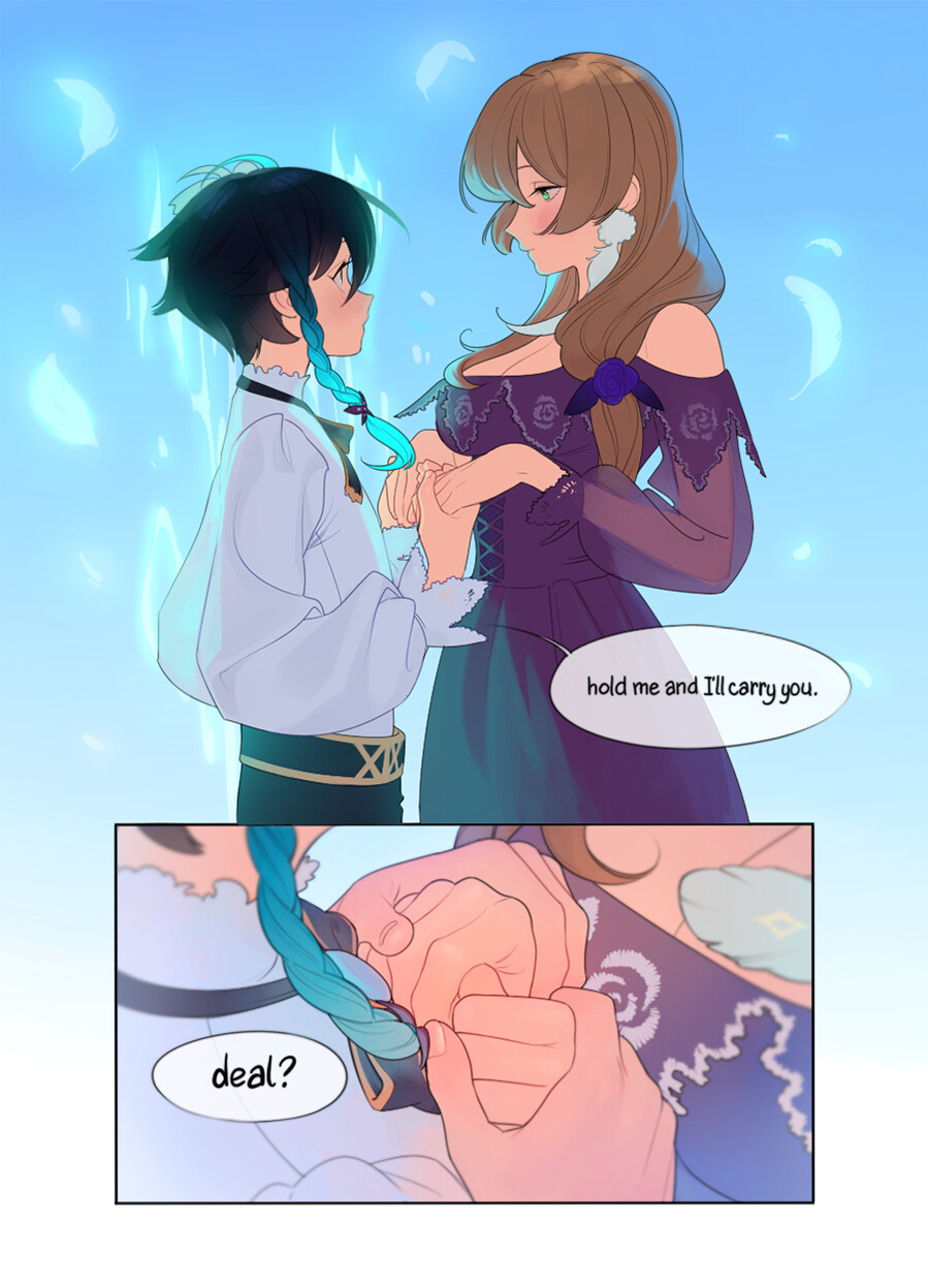 the image shows a young man and woman holding hands, their gazes locked. they appear to be in midair, surrounded by white feathers against a pale blue sky. the woman, with long brown hair and a flowing dress,  says "hold me and i'll carry you." in the next panel, a closeup shows their hands intertwined, with the man responding "deal?" the overall feel is romantic and whimsical.
