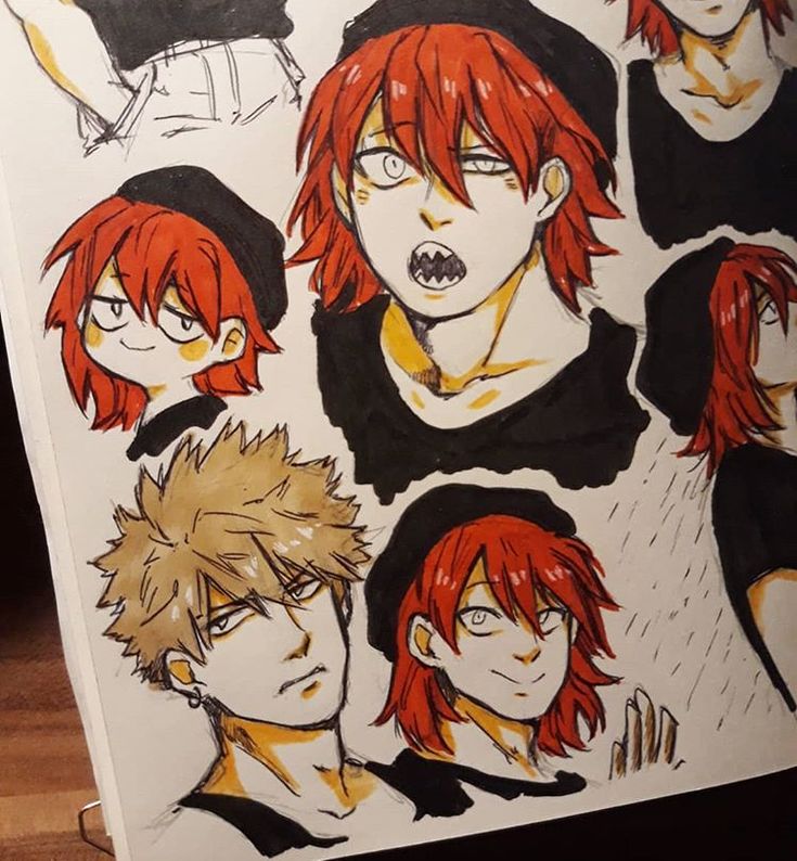the image is a vibrant, handdrawn collection of anime/mangastyle character sketches.  the art style is expressive, using bold black ink lines and bright color fills, particularly red hair for several characters. there's a mix of male and female characters, with varying hairstyles and expressions. the characters are drawn in various poses and angles, some more detailed than others, suggesting the piece is from an artist's sketchbook or a collection of character studies.  the overall mood is energetic and playful. the art style leans towards a more graphic, less detailed style of anime and manga, but maintains a strong visual impact.