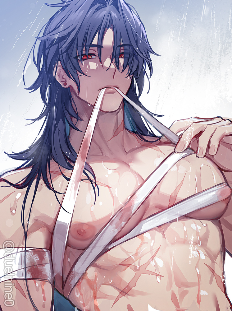 a digital illustration of an anime male character with dark blue hair. he is wearing a bandage around his upper torso and chest. his face is wet and he looks concerned. he has red, bloodstained wounds on his chest. the art is done in a semirealistic style with soft lighting and shading.