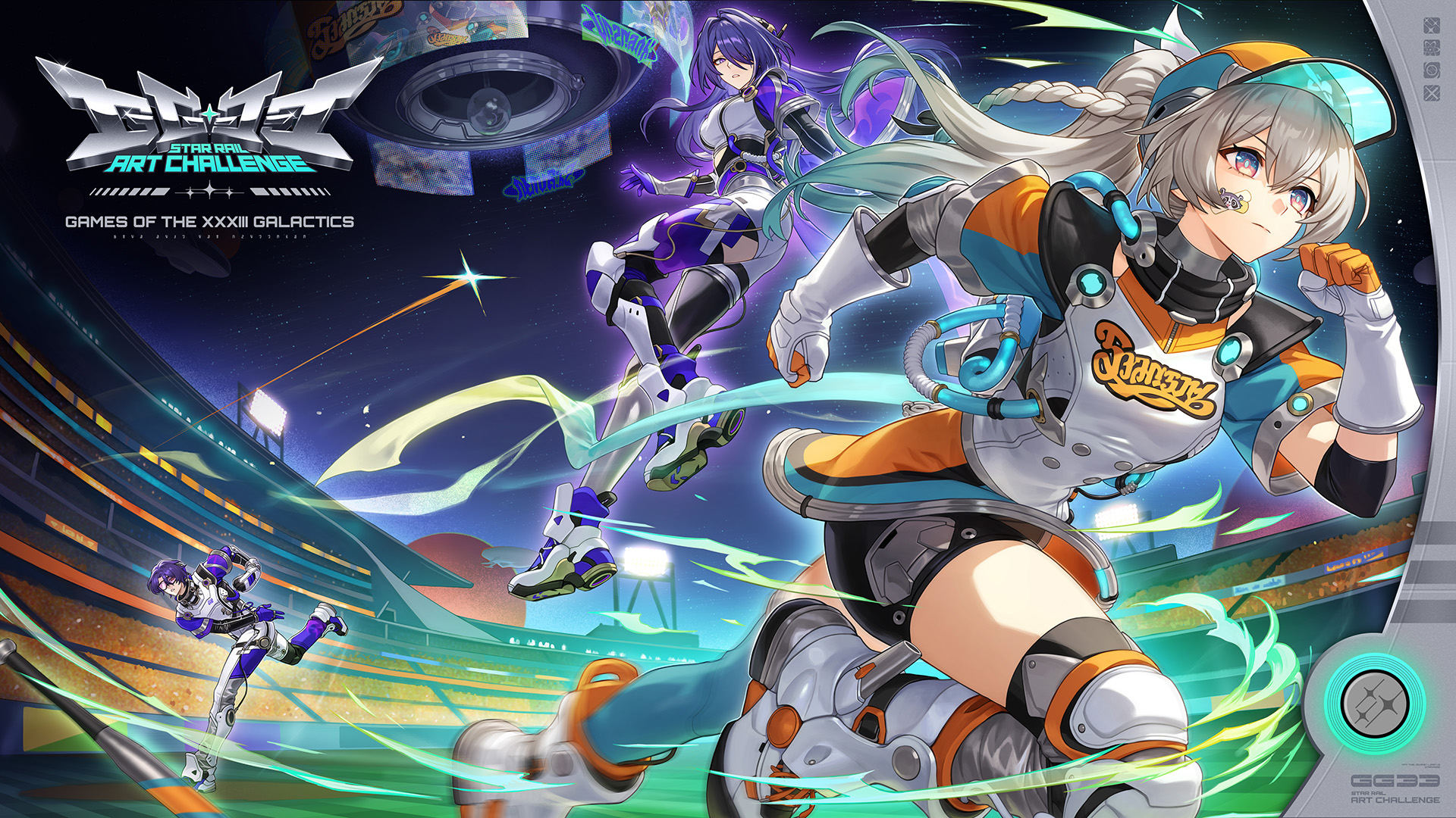 this image shows two anime girls in a futuristic stadium. one girl is rollerblading and the other is standing on a platform, both girls are wearing stylish clothes and accessories. the background is a night sky with stars and a galaxy in the background. the image is full of motion and energy, with a sense of excitement and competition.  the title card is also shown, for the "star rail: art challenge", stating this is a part of "games of the xxxiii galactics".
