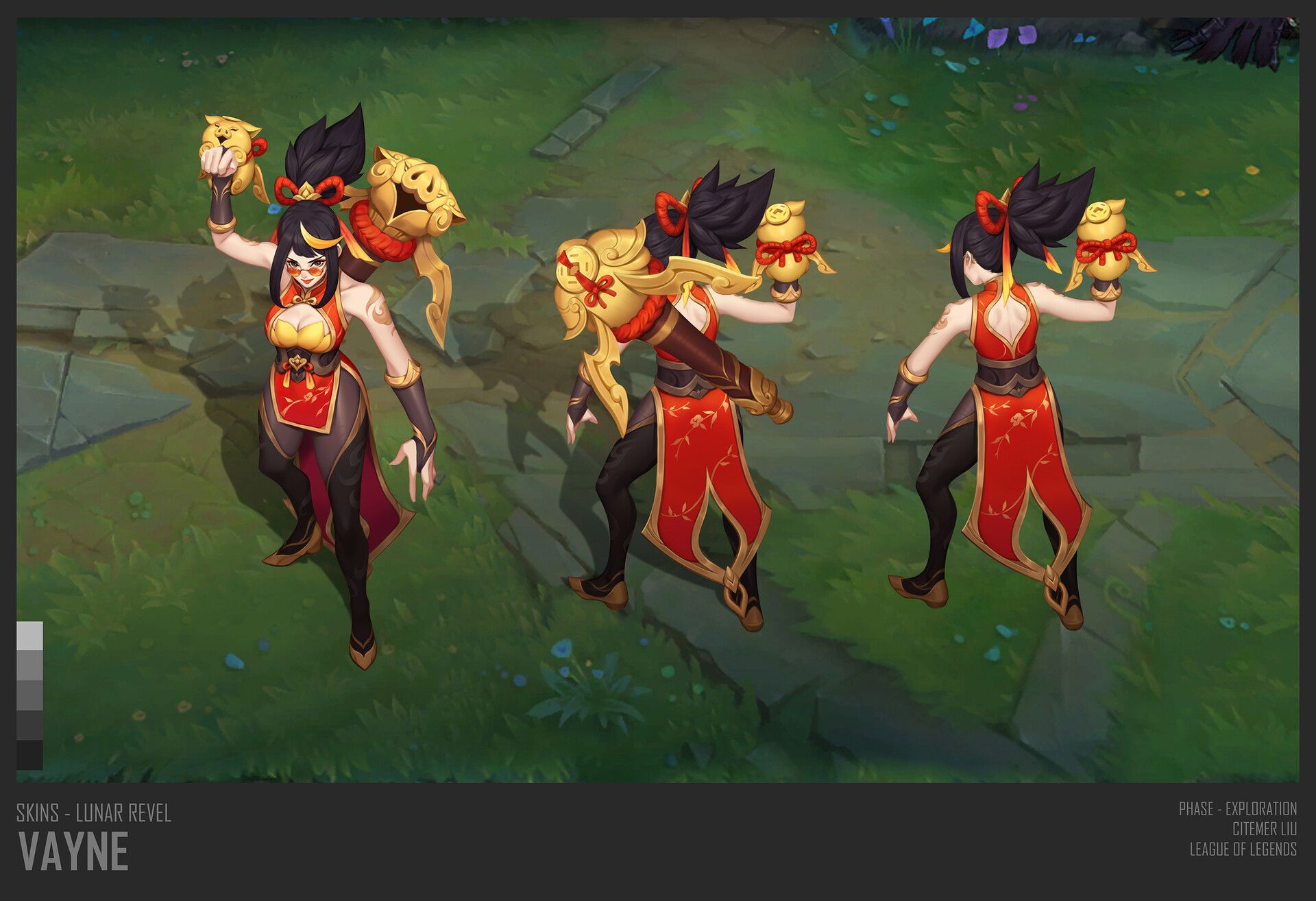 this image shows concept art for a lunar revel skin of the league of legends champion vayne.  the art presents a threequarter view, front view, and back view of the character model, showcasing the skin's design from multiple angles. vayne is depicted in a vibrant red and gold outfit inspired by traditional chinese clothing, carrying what appears to be a stylized crossbow and a small golden dog. the style is illustrative and digitally painted, typical of highquality video game character concept art. the background consists of a stylized green landscape commonly seen in league of legends environments.  a small color palette is present in the bottom left. the image is clearly marked as a work in progress in the bottom right corner.
