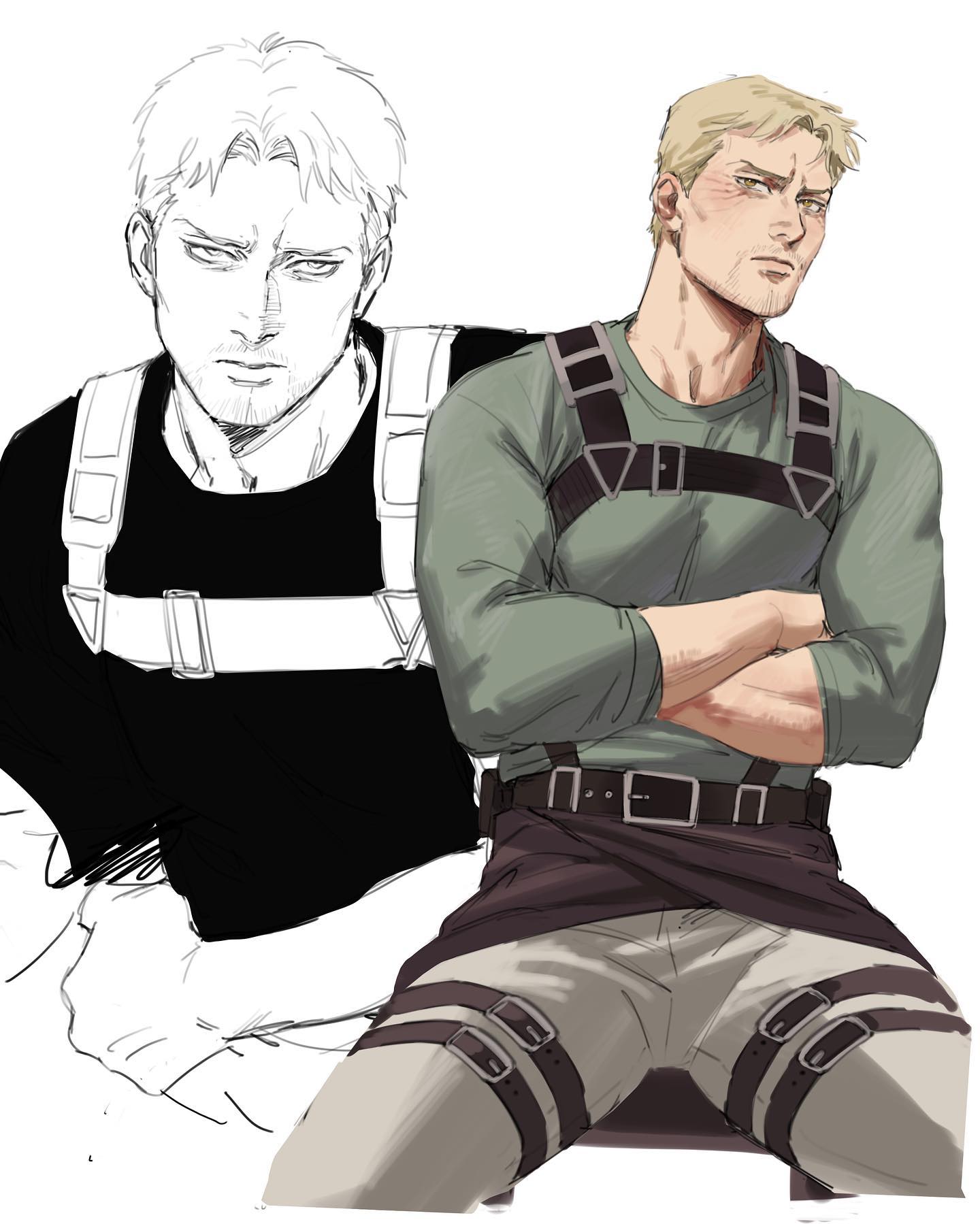 this is a digital illustration of eren yeager from the attack on titan anime and manga series. he is depicted in his soldier uniform, with his arms crossed in a determined pose. his hair is blond and he is wearing a green shirt with black pants, and a white strap chest harness. he is sitting, looking serious and confident.