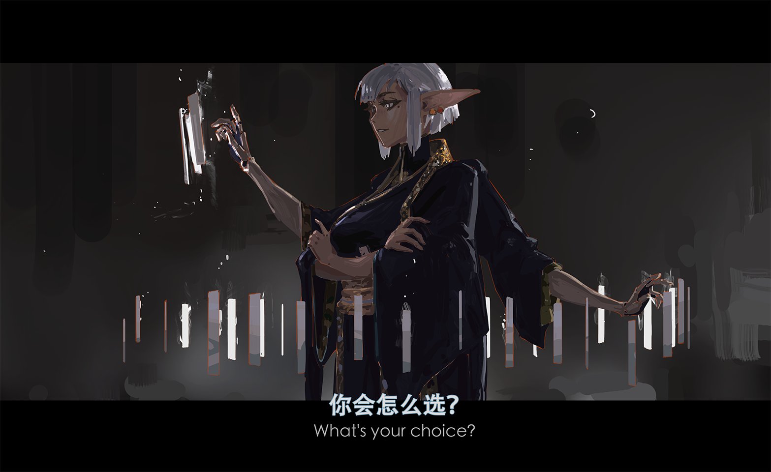 he image is a digital painting of an elegant female elf with white hair and pointed ears. she is wearing a dark, flowing robe and seems to be interacting with some sort of technological interface. the background is dark and mysterious, adding to the overall mood of the piece. the text "你会怎么选？" (what's your choice?) is displayed at the bottom, suggesting a moment of decision or choice for the character. the style is reminiscent of anime and digital painting, with a blend of fantasy and futuristic elements. the overall color scheme is predominantly dark, with contrasting highlights on the character's skin and hair.  the image has a somewhat cinematic quality.