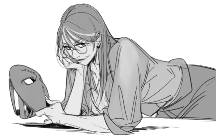 a grayscale sketch of a woman with long hair and glasses lying down. she is resting her chin on her hand and looking thoughtfully at a mask she is holding. the style is relaxed and casual, with loose lines and shading. the overall mood is pensive and contemplative.
