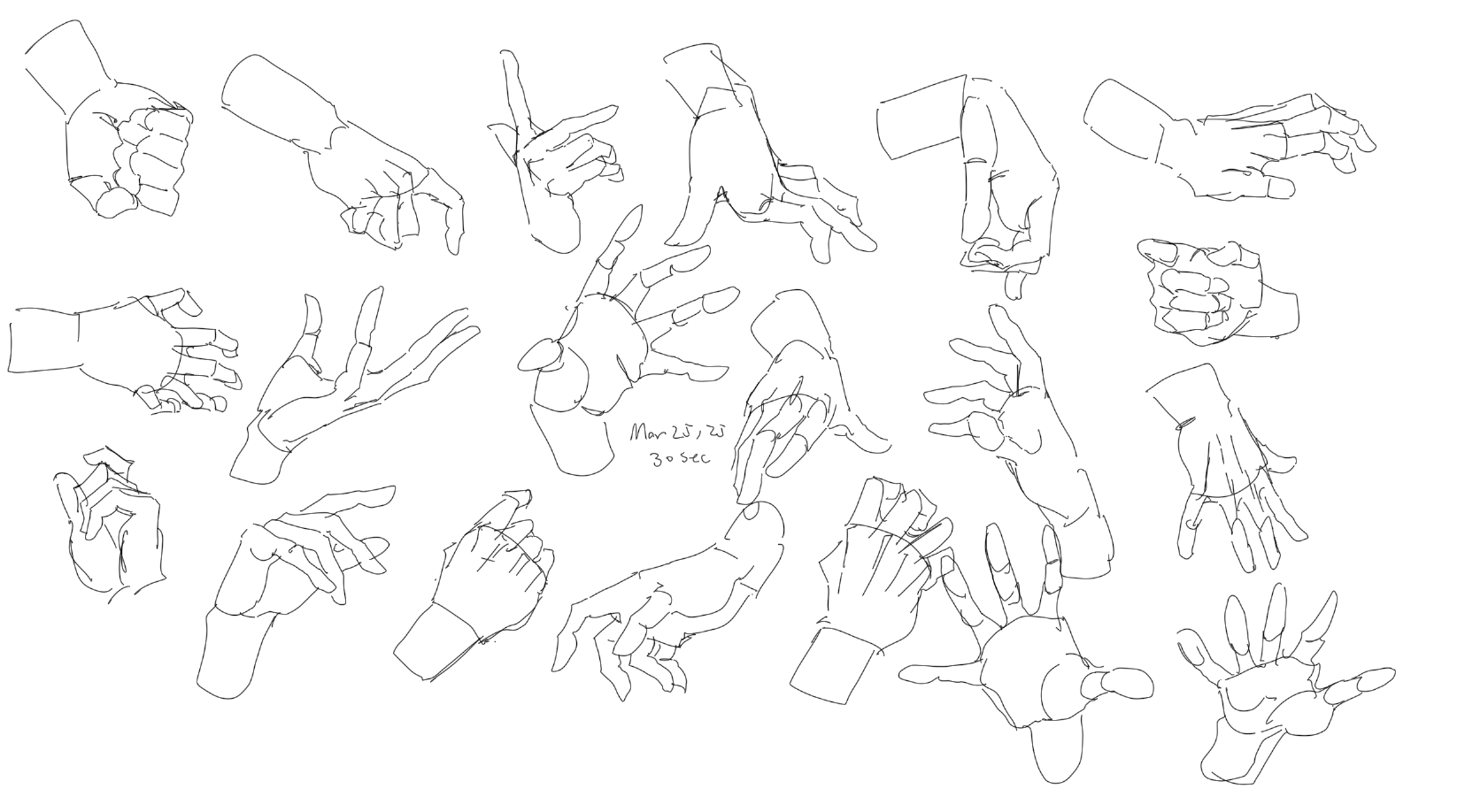 the image displays a collection of hand sketches in various positions and gestures. these are line art drawings, indicating a quick study or practice session. there are fists, open hands, hands with extended fingers, and hands in various grasping positions. the sketches are in a simple, minimalist style with clean black lines against a white background. it appears to be an artist's anatomical study of hands. there's a note that says "mar 25, '23 30 sec", which suggests the sketches were done quickly.