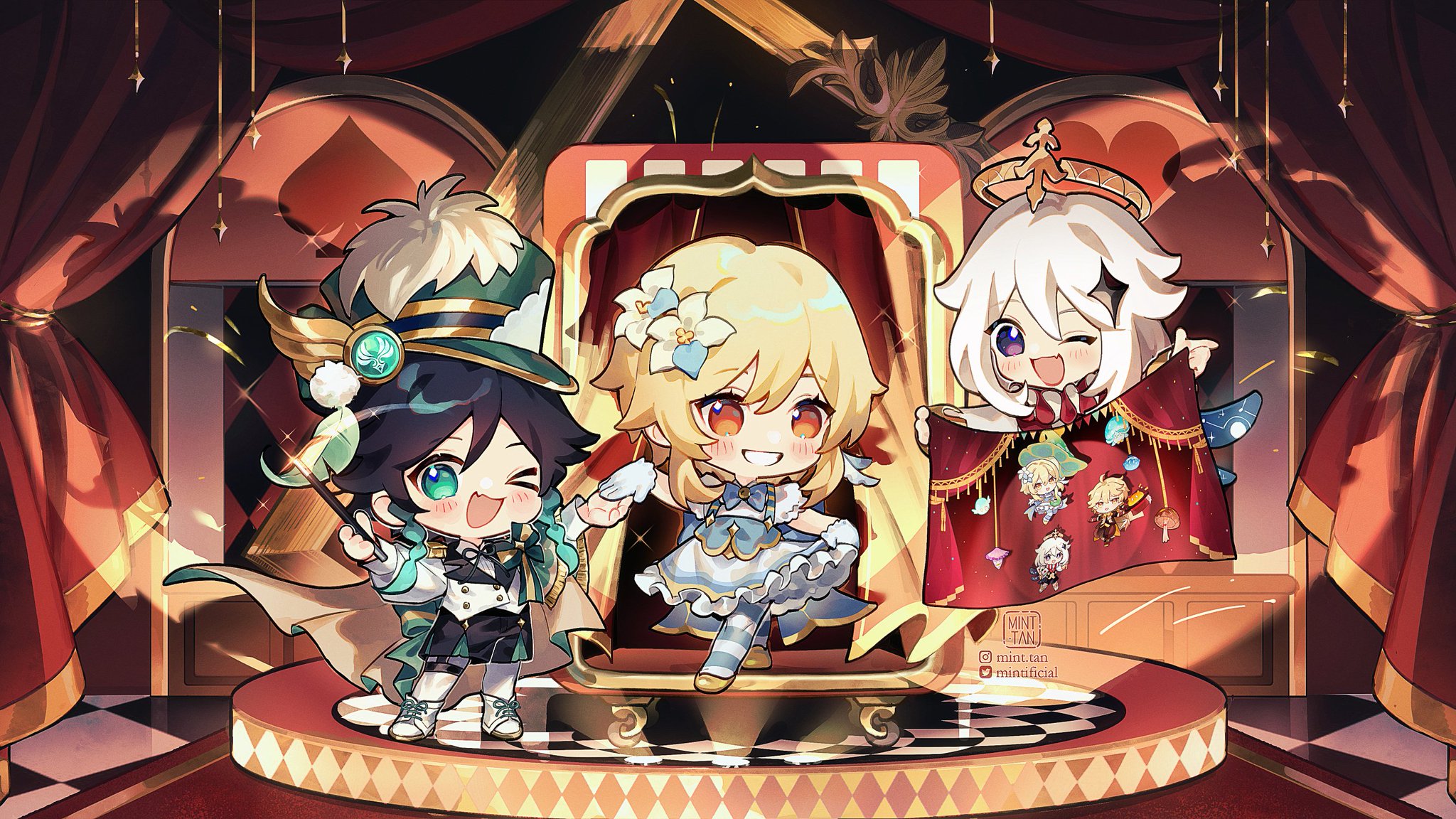 the image is a colorful, cartoon style illustration of three anime characters. the characters are all chibi, which is a style of drawing that makes them cute and small. there is one girl in the middle of the image who is standing on a chair with a dress and she appears to be a magical girl. on the left, a boy is standing holding a wand in his hand and he is wearing a tuxedo with a hat and he is a magician. on the right, a girl is holding a red curtain with other characters and she appears to be an angel. they all appear to be on a stage, and the stage is decorated with a red curtain and gold trim.