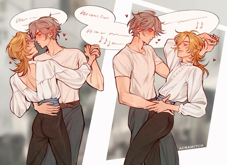 the image is a digital fanart depicting two young men in a romantic embrace.  the art style is reminiscent of anime or manga. the scene is presented in two slightly different poses, both showing the couple intimately close.  one pose is more of a tender embrace, possibly a kiss, while the other depicts a dancelike pose, suggesting affection and connection.  both men are wearing casual clothing; one has light hair and the other light blond hair.  speech bubbles with musical notes and hearts accentuate the romantic mood. the artist's signature, "acramitch," is visible in the lower right corner.  the overall feel is sweet, romantic, and visually appealing, fitting the boys' love (bl) or yaoi genre.