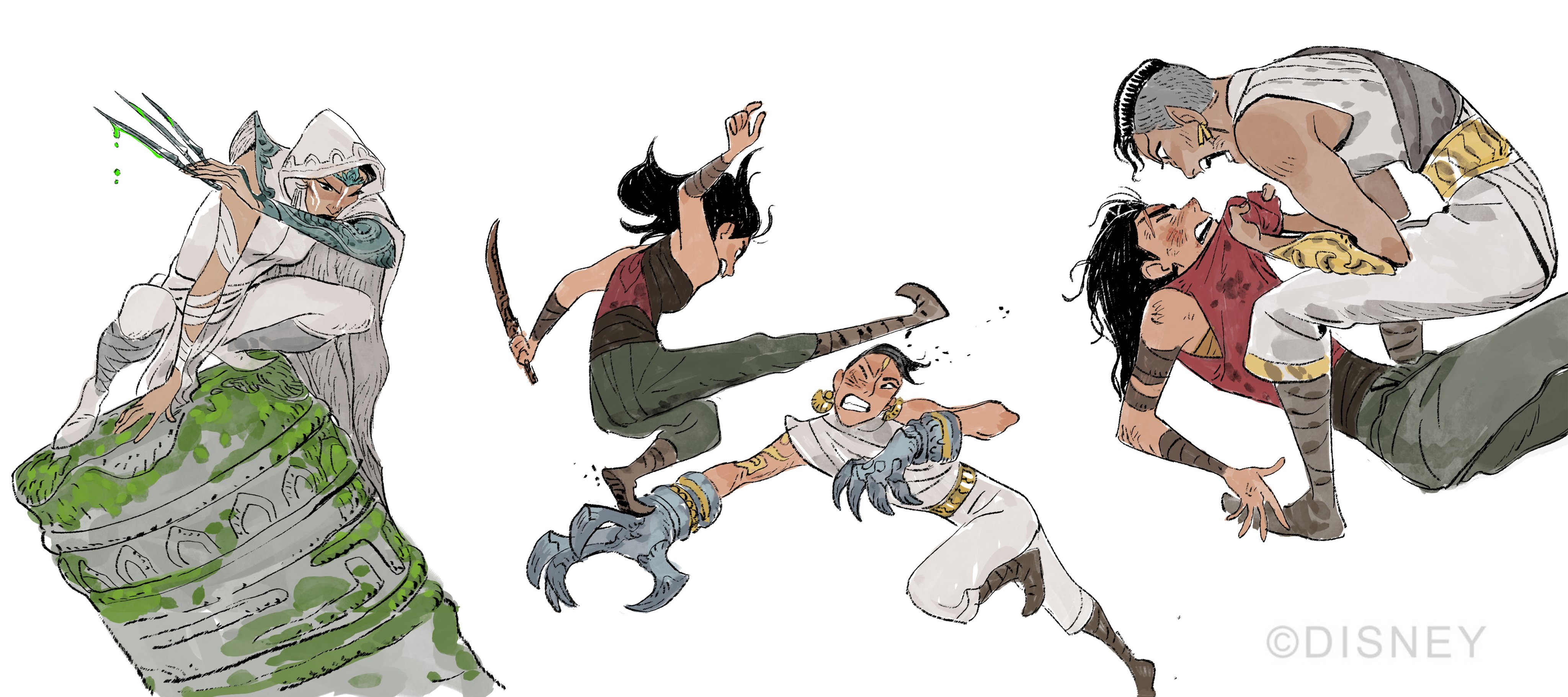 an illustration of four female warrior characters in the midst of battle. three are facing forward, one is looking over their shoulder,  and all are in action poses. the character in the foreground is in the middle of a kick, while the character at the top of the page is striking with a blade. the other two characters are also midbattle. the illustration is done in a cartoon style. it is very action packed.  the style of the illustration is reminiscent of comics. the style of the illustration is colorful and bold.