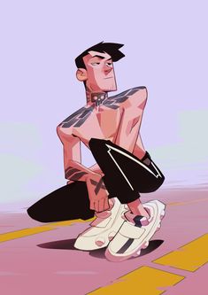 a cartoon drawing of a young man with tattoos sitting on the ground in a relaxed pose. he is wearing black pants and white shoes. the background is a gradient of pink and purple. the image has a street style aesthetic.