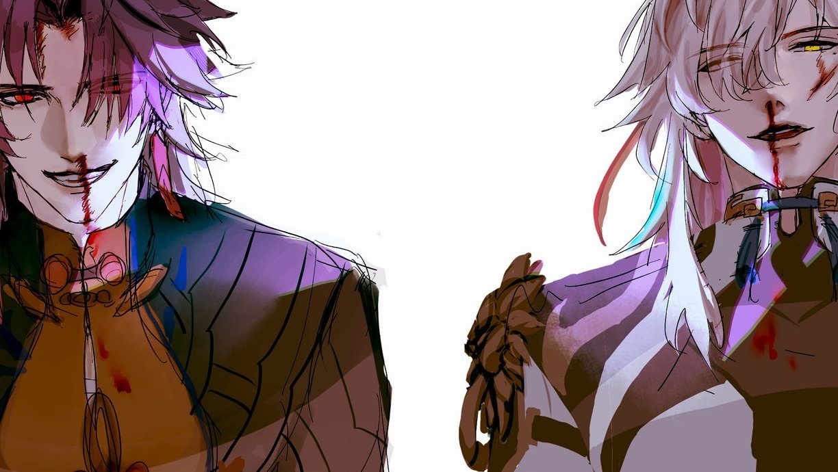 this is a digital art piece of two anime characters. both are male, one has long purple hair and is wearing a purple jacket with black inner lining. the other character has long white hair and is wearing a brown and white shirt with a black collar and a brown strap. both are looking at the viewer with serious expressions and both have wounds that are bleeding.