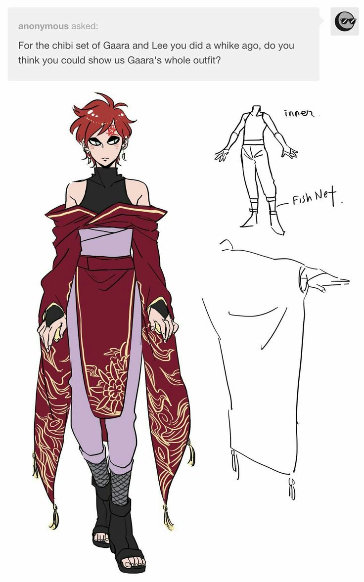 this is a drawing of gaara from the anime series naruto. he is wearing a red and gold outfit. he is wearing an inner shirt, then a long robe with a fish net on top of it. the robe has a red and gold pattern with flowers on it. the robe also has a gold and red pattern on it. he is wearing brown and black shoes. he also has long red hair and a headband that is tied around his head. the drawing is done in a chibi style, which is a style of drawing that makes characters look cute and small.